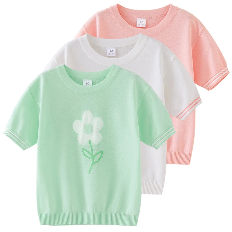 

2-7Yrs Baby Kids Sweater Summer Baby Girls Thin Knitted Sweaters Flower Lce Silk Short Sleeve Kids Pullovers Tops Korean Style