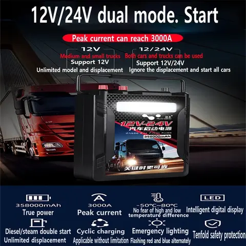 자동차 점프 시동기 12V/24V 358000Mah 중형 트럭 비상 트럭 견고하고 내구성 있는 전기 추천 시동 장치, 업계 초고표준 제품, 차종 제한 없음, 배기량 제한 없음, 어떤 차량도 시동 가능, 업계 추천 표준, 3000A 순간 전류, LED 램프, USB 플러그, 스마트 디스플레이 시스템
