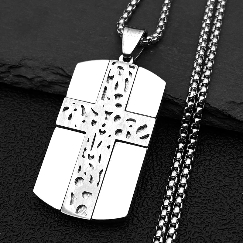 

Stainless Steel Hollow Dog Tag Cross Pendant Necklace for Men Gold Color Chain Christian Geometric Male Hip Hop Jewelry Gift