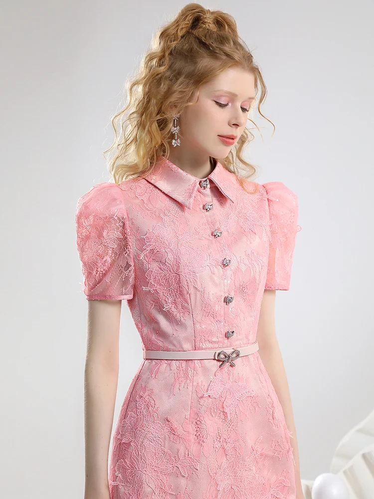 LEOSOXS Romantic Gentle Lace Dress 2024 Women's Pink Shirt Collar Younger Commuter Date Dresses Summer Dress Mini Dresses