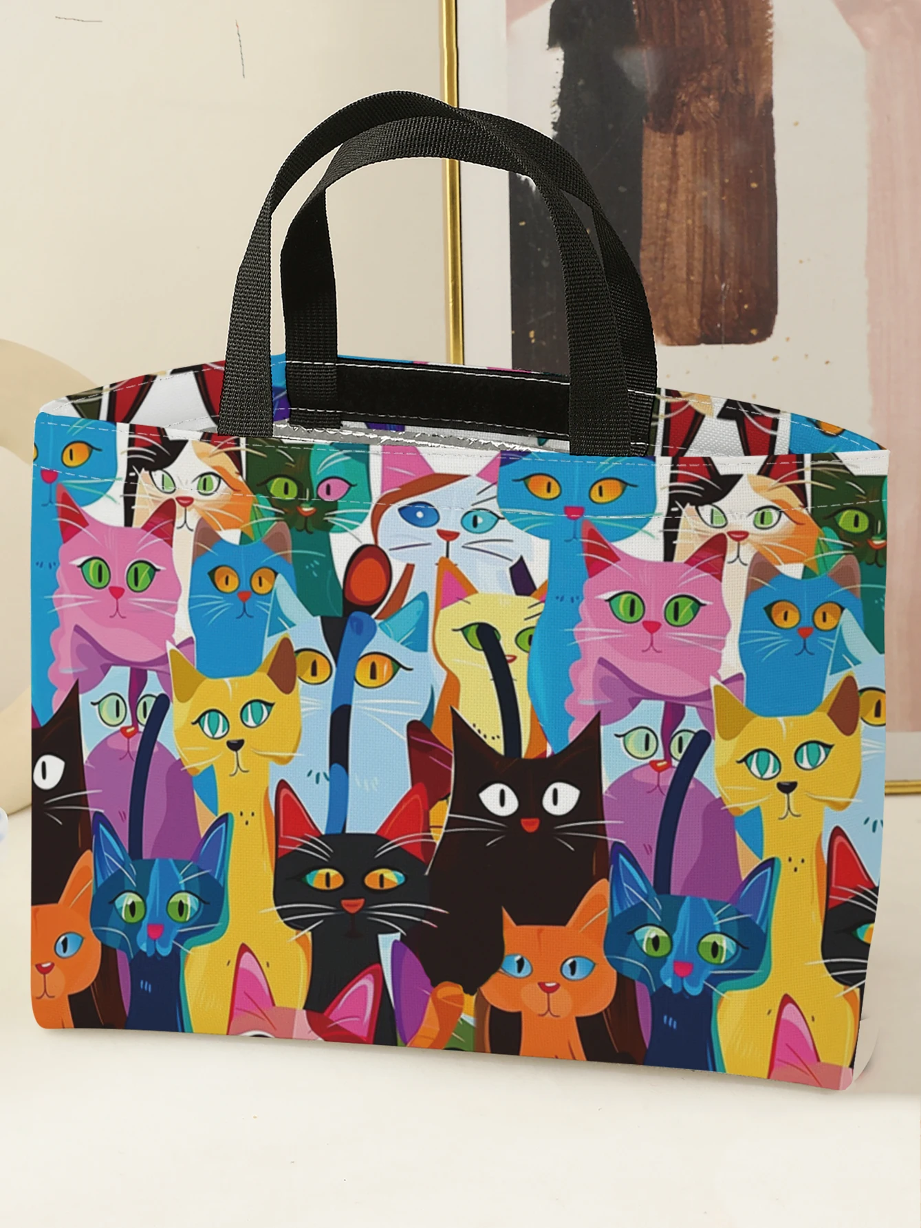 Colorful Cartoon Cat Print Insulated Lunch Tote Large Capacity Aluminum Foil Liner Reusable Student Cooler Bag For Travel Picnic