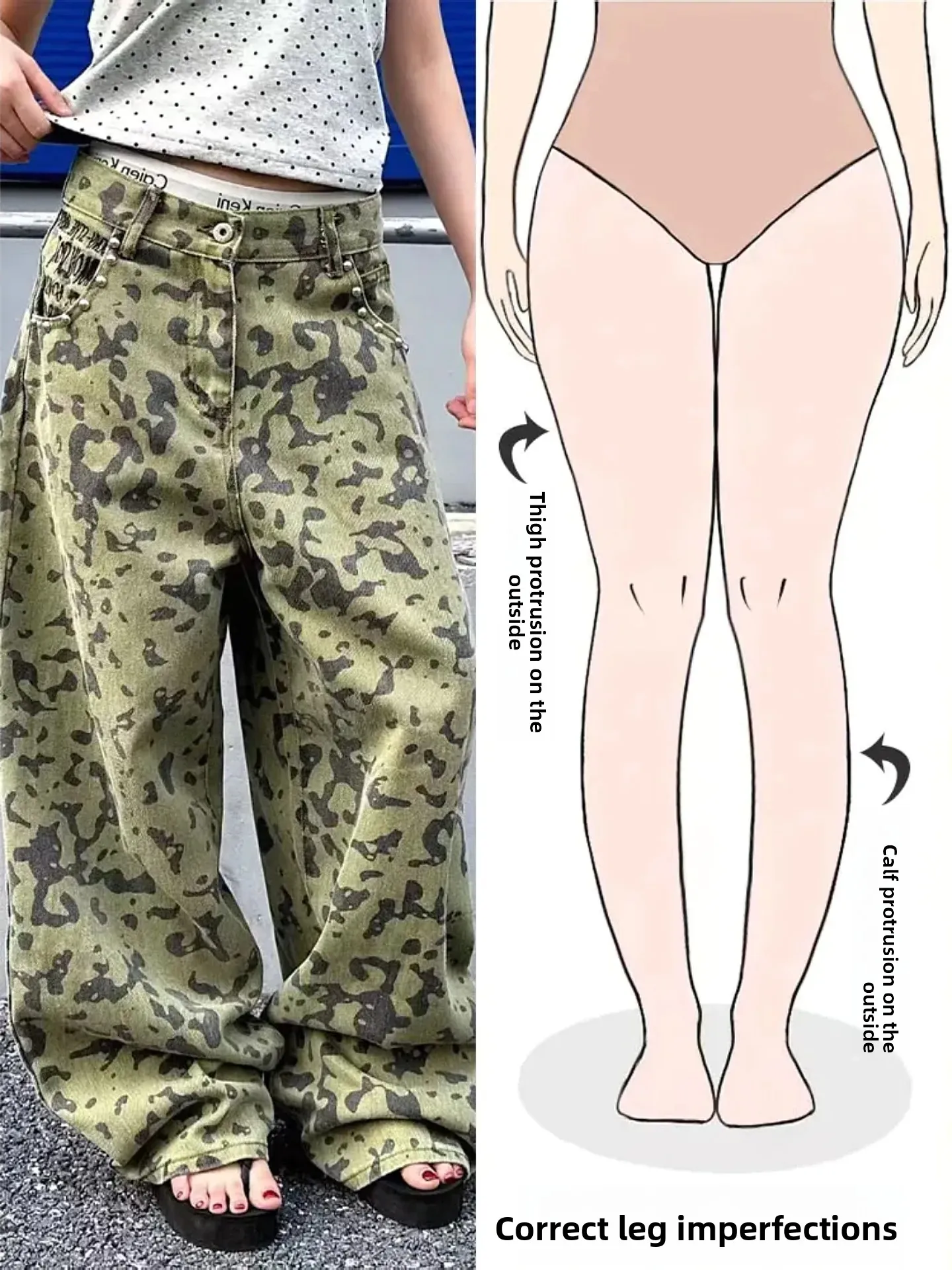 

Loose Wide Leg Denim Jeans Women's Summer New Street Style Pear Shape Body Camouflage Workwear Long Pants Casual High Waist