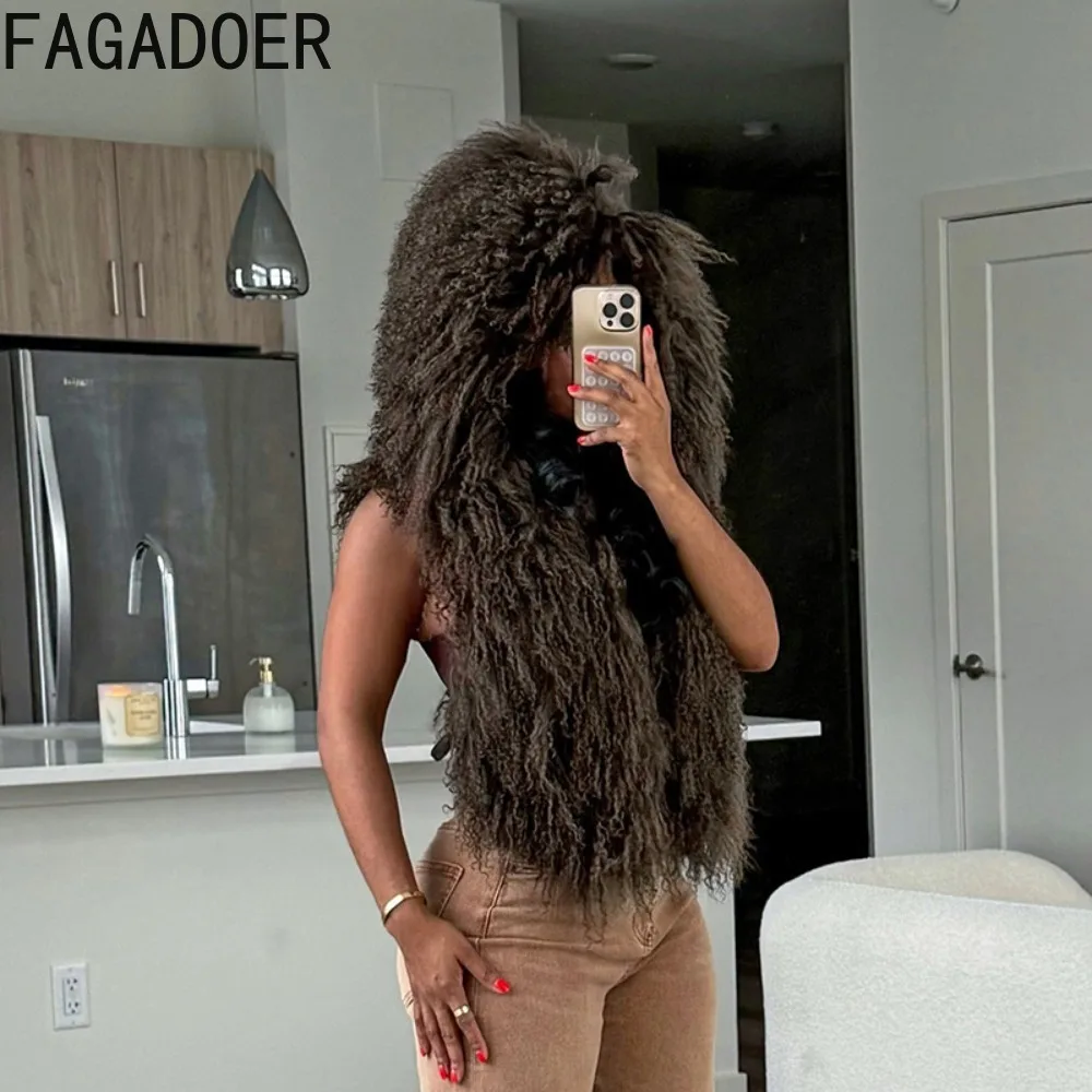 FAGADOER 冬の新ファッション毛皮パッチワーク Tシャツ女性のためのソリッドカラーホルターノースリーブバックレスクロップトップ女性ストリートウェア