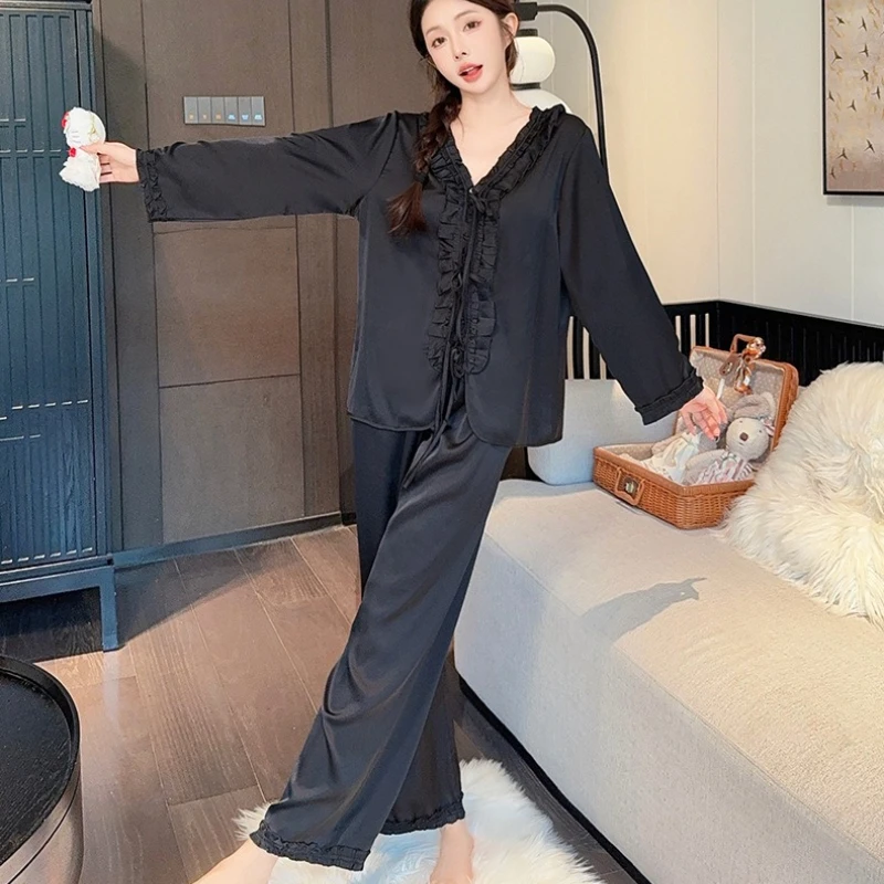 

Весенне-осенний комфортный и нежный комплект для дома: новая женская пижама из тонкого ледяного шелка с длинными рукавами, высококачественный французский стиль