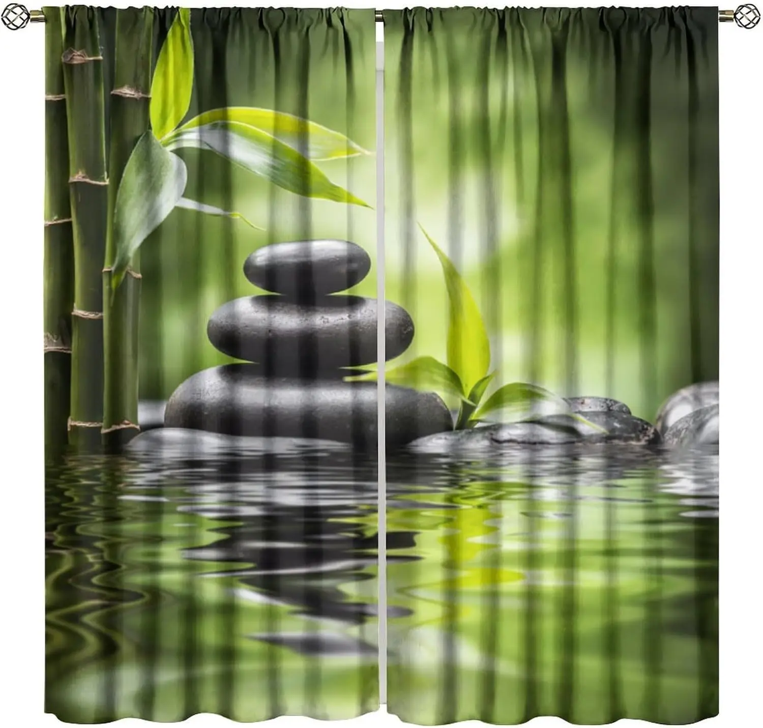 Cortinas opacas de piedra Zen, cortinas de ventana relajantes de piedra Zen negra de bambú verde japonés asiático, para dormitorio, sala de estar, 42 pulgadas de ancho X
