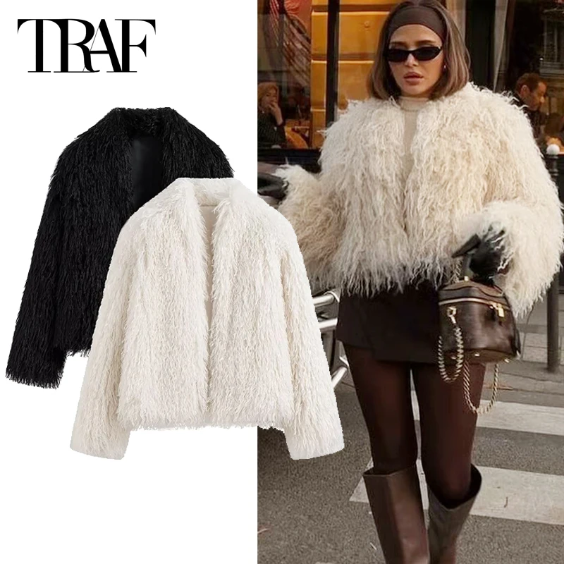 TRAF Warm Cropped Faux Fur Coat 2024 Women Large Size Winter Short Jacket Elegant Long Sleeve Plush Parkas New In Outerwears