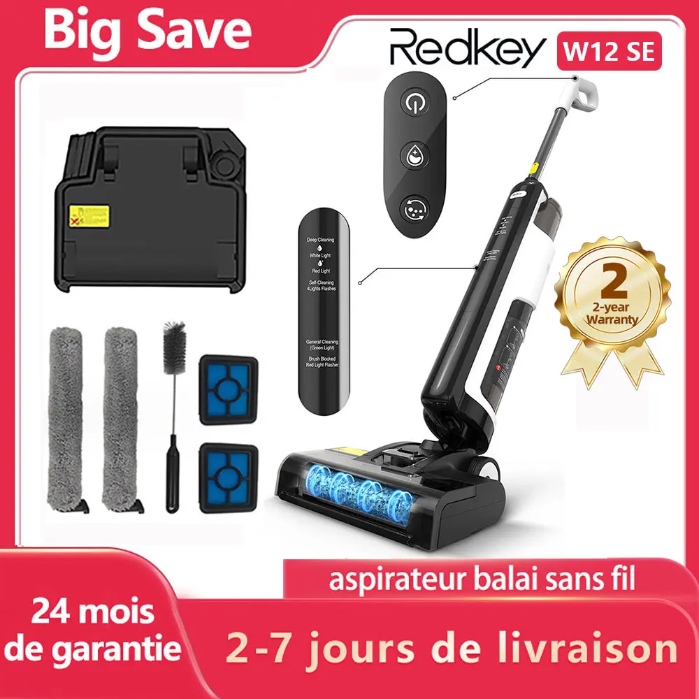 Redkey-Aspirateur à sec sans fil W12 SE, multi-surface, laveuse de sol intelligente, auto-books, séchage pour la maison