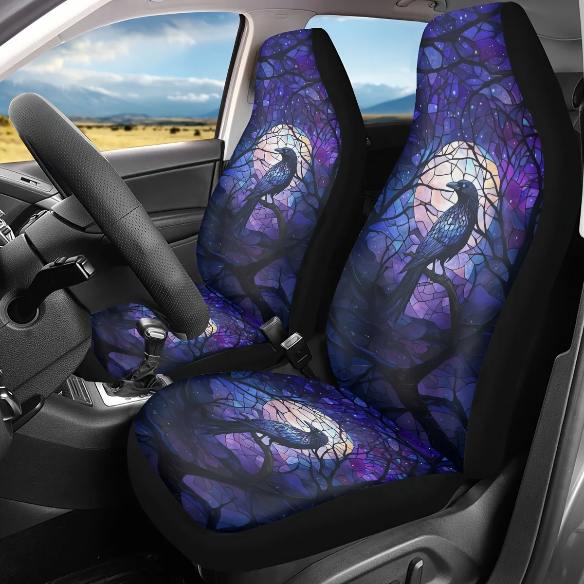 2pcs Stained Glass Raven Print Car Seat Covers, For Women And For Man, Universal Auto Front Seats Protector Fits For Car, SUV Se