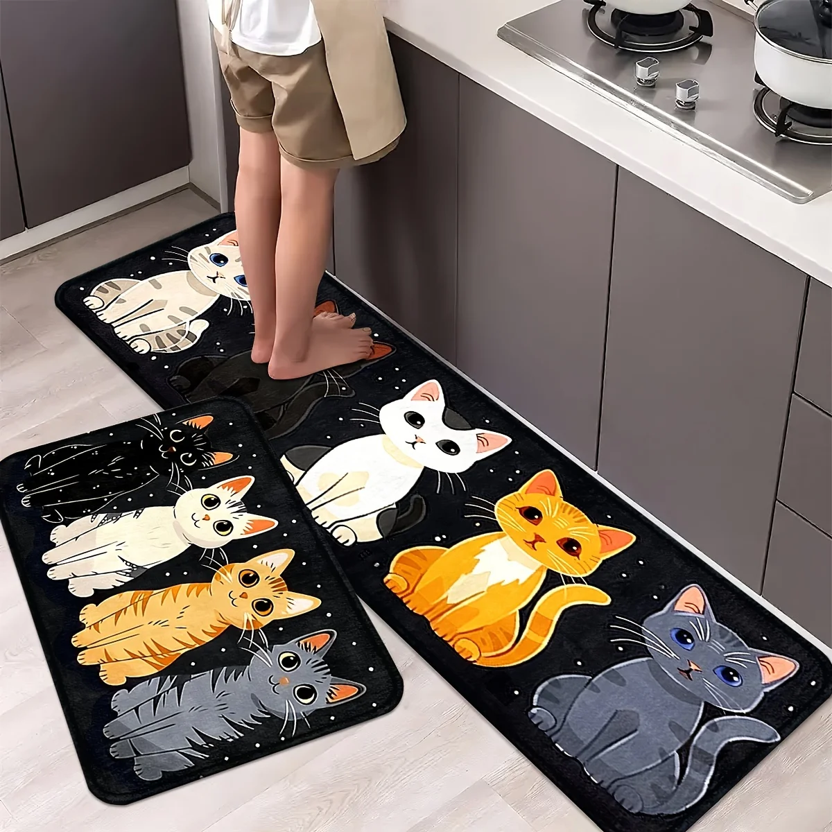VIKAMA 1pc Cute Kitten Patter Kitchen Mat Long Carpet Bathroom Pads Home Decor Doormat Corridor Laundry Room Bedside Rugs