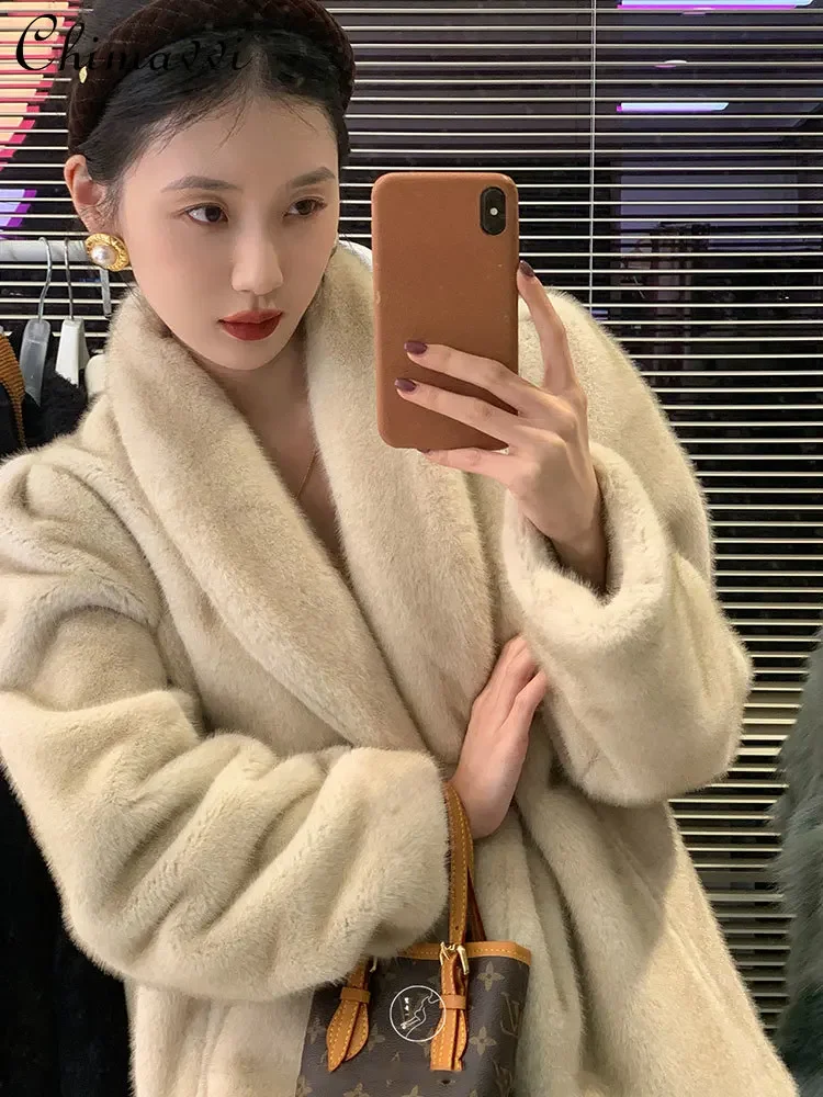 Faux Mink Fur Environmental Protection Fur Coat 2024 Winter New Fashion Stand Collar Vintage Puff Sleeve High-end Loose Jackets