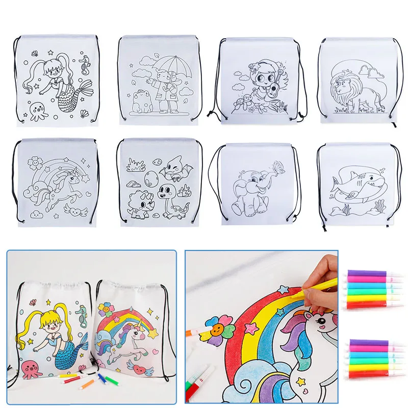 Beślibi Graffiti torba ze sznurkiem dla dzieci DIY kolor wypełnienie rysunek zabawki Cartoon plecak ze zwierzętami dzieci chłopcy dziewczęta malowanie prezentów