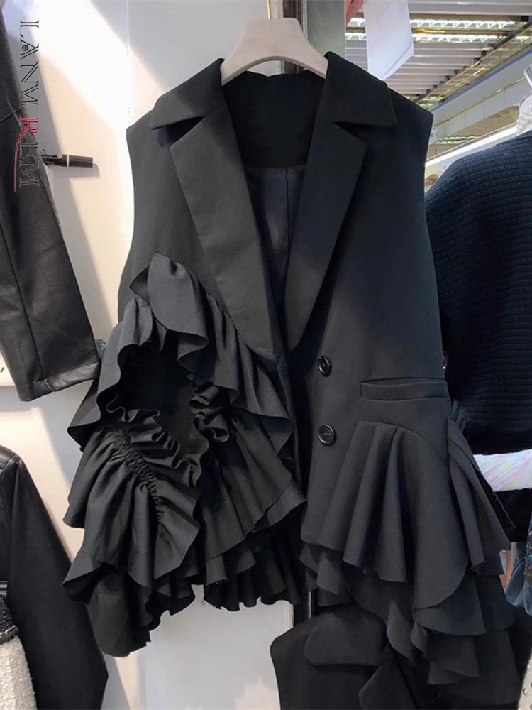 LANMREM Irregular Vest For Women Notched Collar Asymmetry Ruffles Spliced Black Coat Fashion 2024 Summer Autumn New 2DA5800