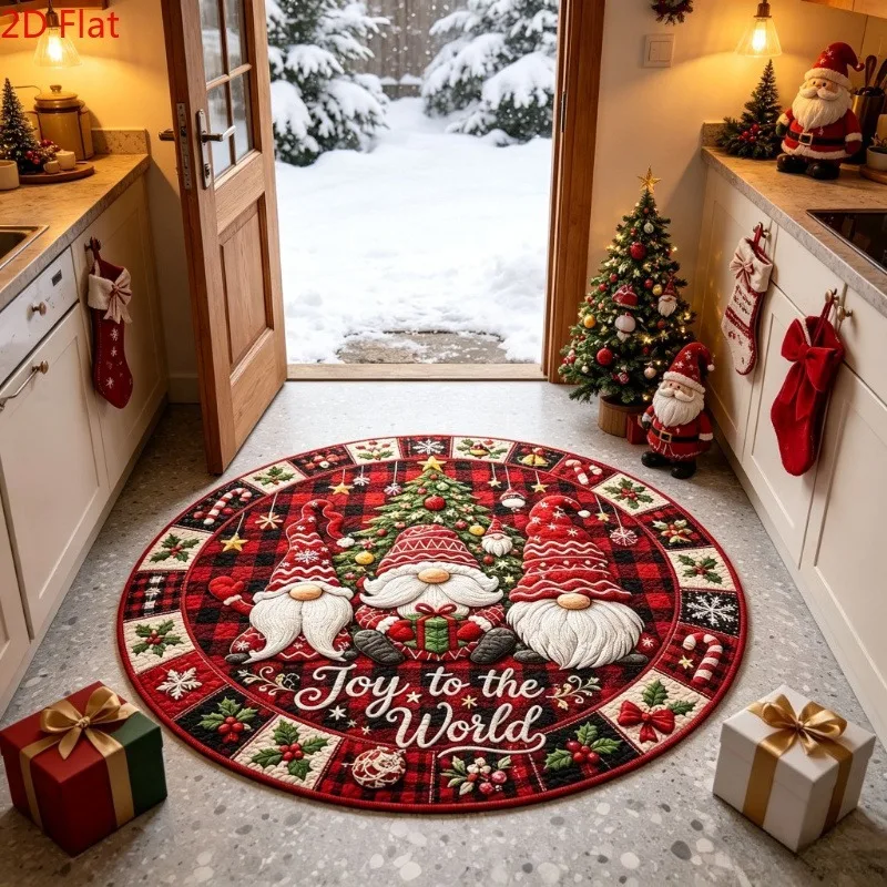 Soft Circle Rug 2D Flat Joy To The World Sign Carpet Flannel Soft Warm Buffalo Plaid Christmas Gnome Bedroom Mat