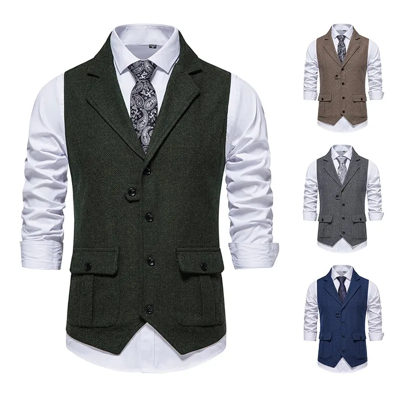 Men's Tweed Suit Vest 4 Seasons Notch Collar Thickened Knitwear Casual Fashion Standard Fit Youth Dynamic Style Youth Popular...