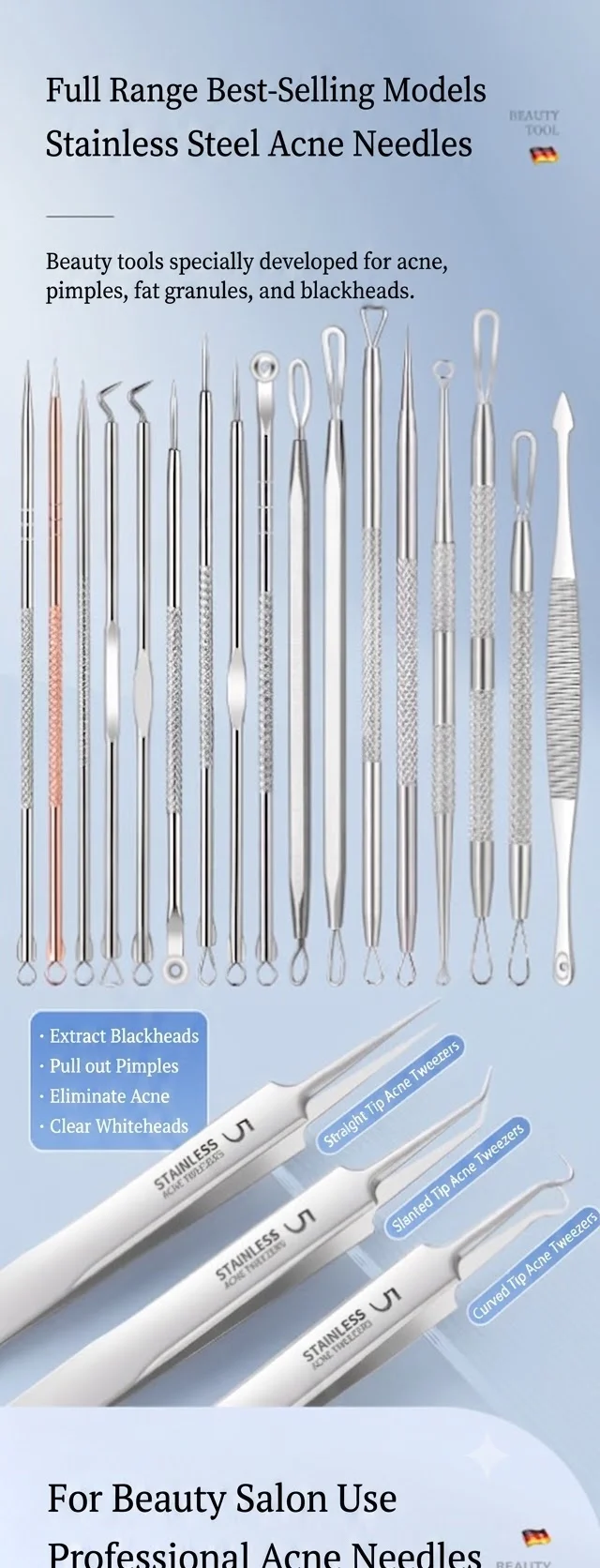 Edelstahl Akne-Entfernungs-Set Akne-Mitesser-Entfernungsnadeln Edelstahl Schwarze Flecken Pickel Entfernungs-Werkzeuge – Detail 1