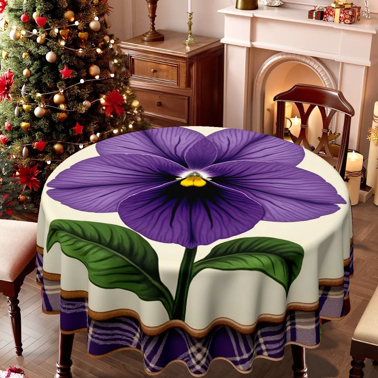 1 tablecloth, Christmas theme, violet flowers and checked print, suitable for family kitchen dining room