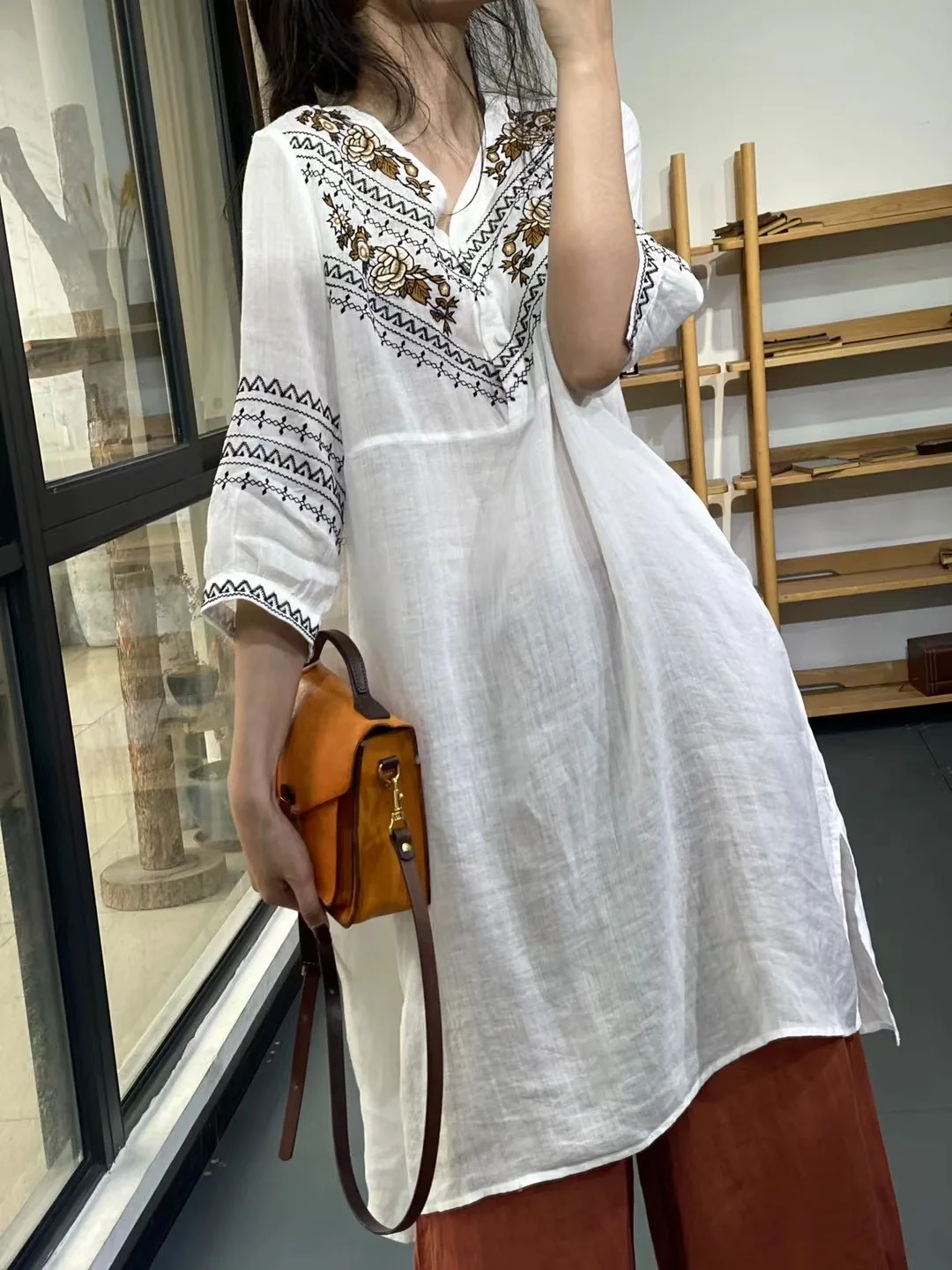 Artistic Vintage Ethnic Embroidered Loose V-Ne Linen Dr Women's Mid-Length A-Line Skirt Sle Commute Faion Dr