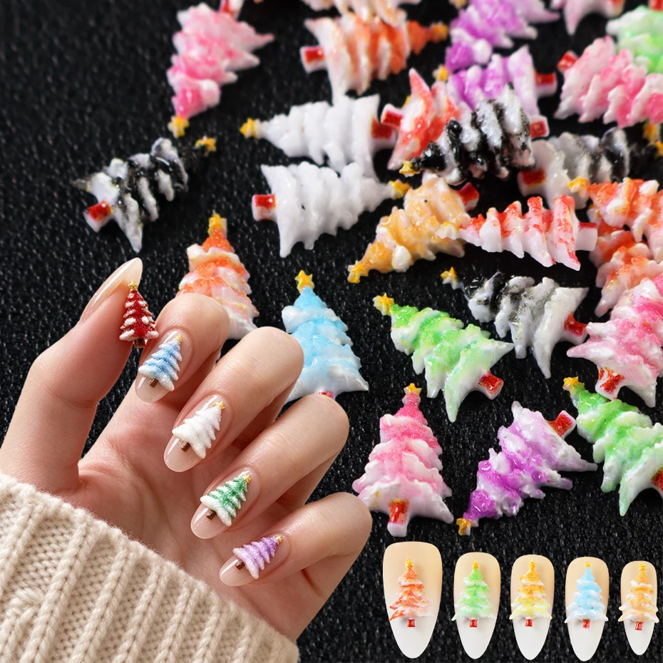 30/50pcs 3D Resin Christmas Tree Nail Charms Colorful Relief Gradient Xmas Tree Nail Art Decoration Cute Winter Christmas Decor