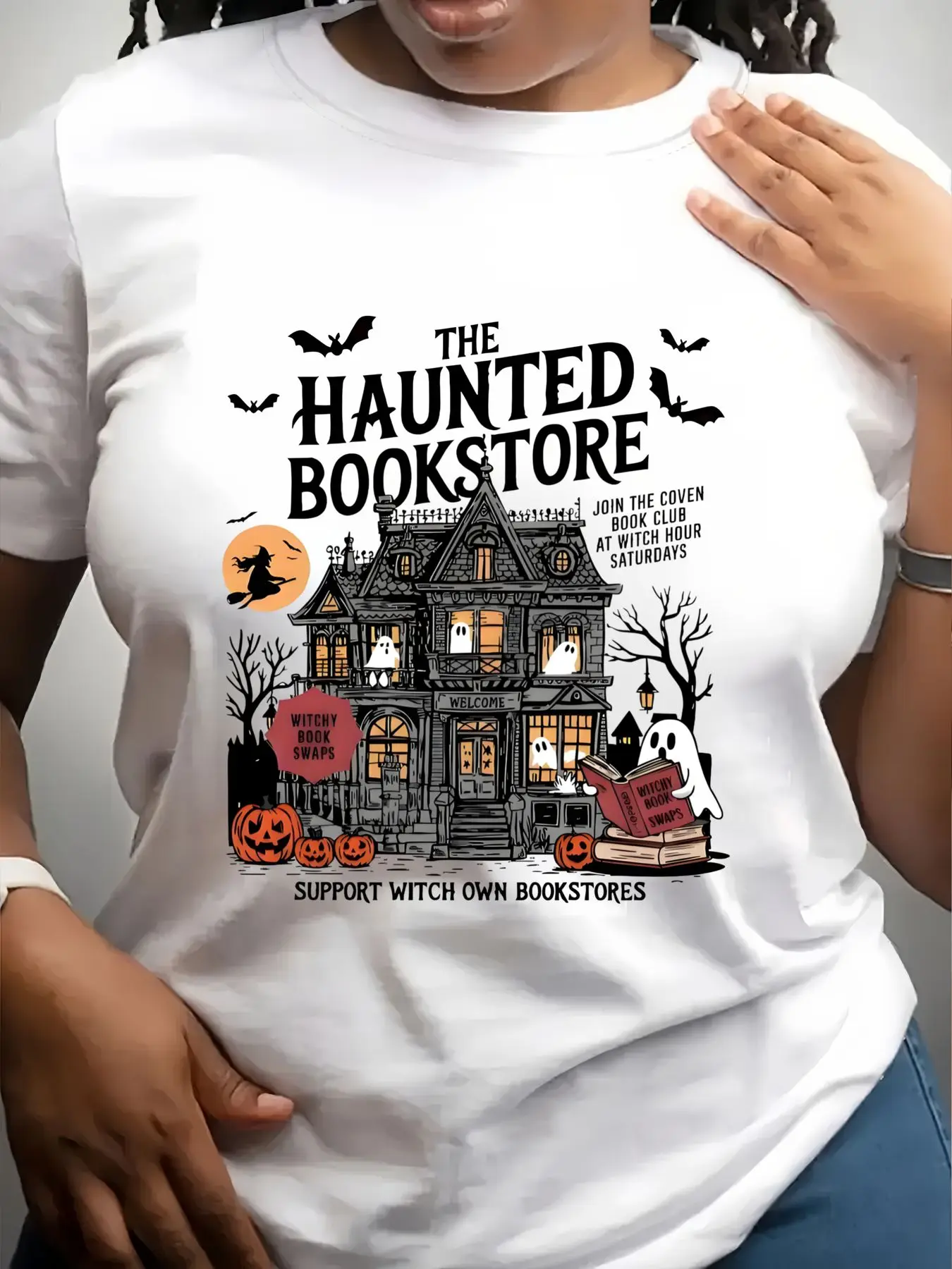 Women's Trendy Crew Neck T-Shirt the Haunted Bookstore Halloween Design Suitable for Casual Sportswear