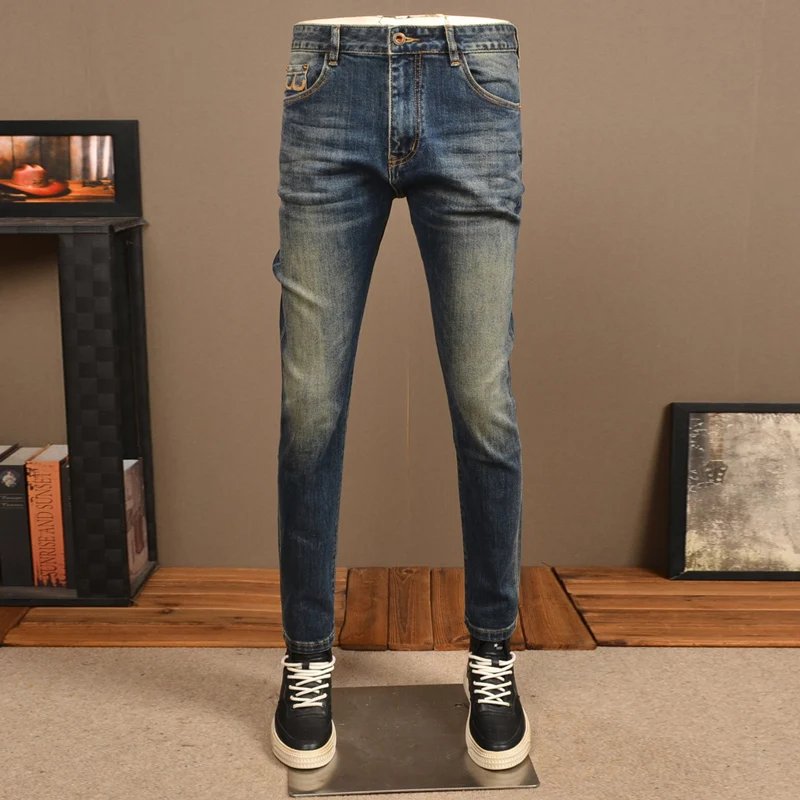 Newly Designer Fashion Men Jeans High Quality Retro Blue Stretch Slim Fit Vintage Jeans Men Embroidery Casual Denim Pants Hombre