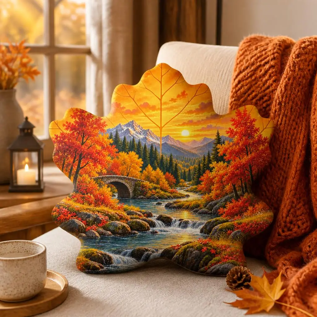 Autumn Maple Leaf Shaped Throw Pillow Fall Mountain Stream Landscape Cushion Stuffed Sofa Home Decor Seasonal Nature Gift