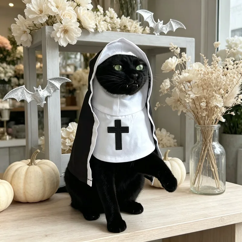 Lustiges Nonnenkostüm für Katzen und Hunde, Schwarz-Weißer Kreuzrock, Halloween-Party, Fotoshooting, Rollenspiel-Kostüm – Detail 5