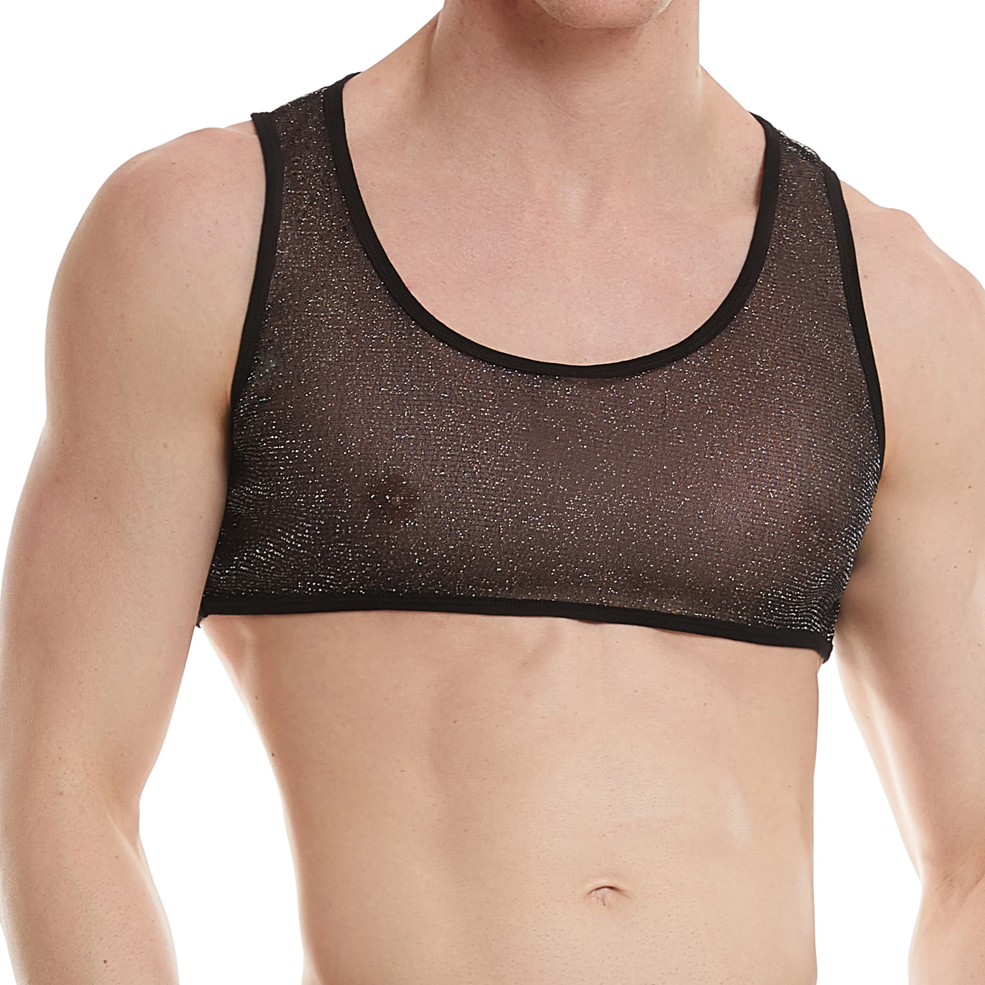 Shiny Mens Sexy See-through Mesh Half Tank Tops Sport Fitness Sheer Mini Vest Men Casual Home Short Tees Male Muscle Crop Tops