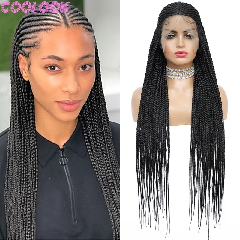 

Cornrow Braided Lace Front Wig 36inch Black Knotless Natural Braids Wig with Jumbo Plait Synthetic Lace Frontal Wig for Braiding