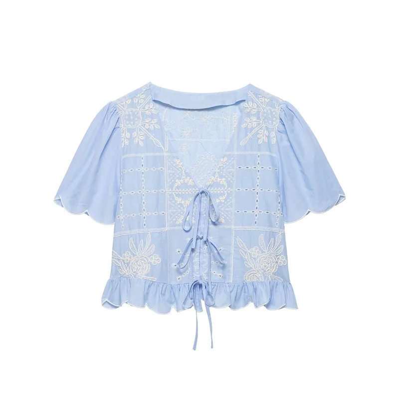 

Летняя женская блузка с вышивкой и бантом, новинка 2026 года, модный повседневный топ с V-образным вырезом и коротким рукавом, женская одежда