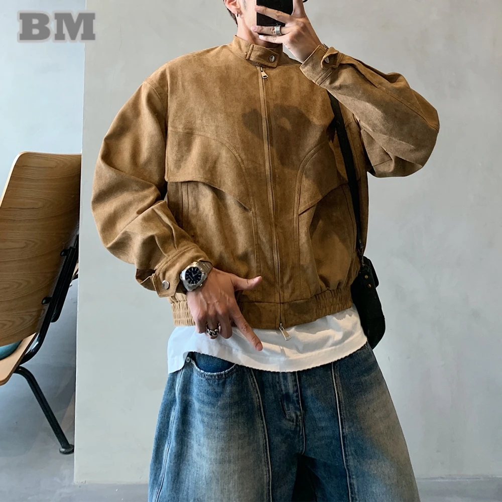 

American Vintage Suede Bomber Jacket For Men Cropped Motorcycle Korean Style Trendy Premium Quality Spring Autumn Brown Coat