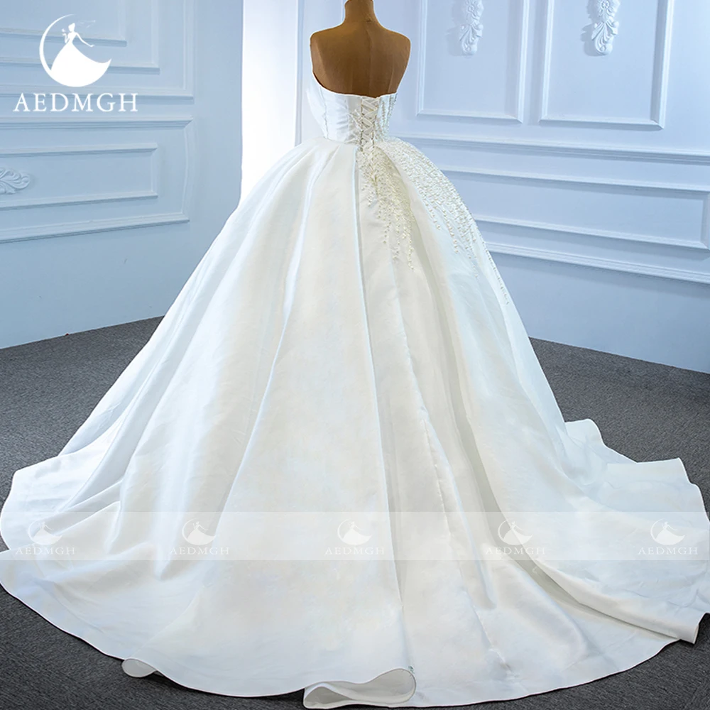 Aedmgh A-Linie Brautkleider aus mattem Satin, U-Boot-Ausschnitt, trägerlos, Robe De Mariee, Spitze, Perlen, klassisches, maßgeschneidertes Brautkleid