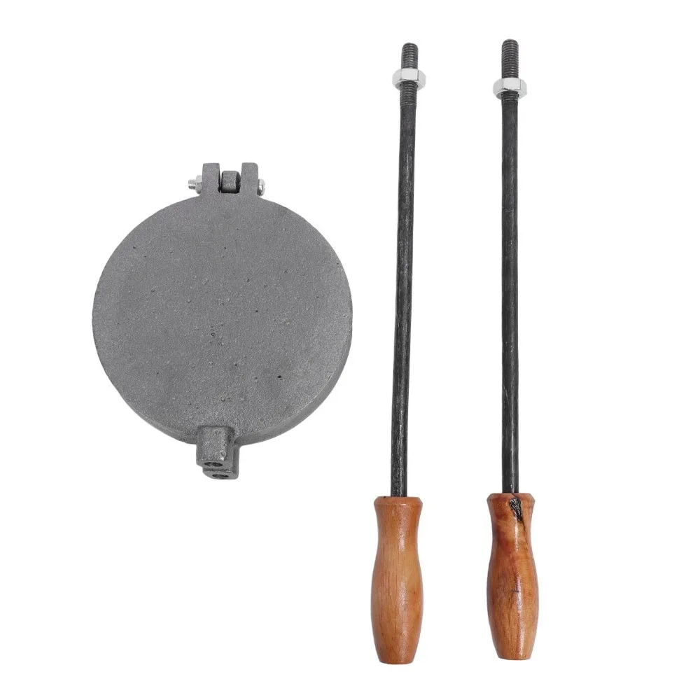 Cast Iron Pancake Maker Pan Double Sided Flower Shape Chinese Flatbread Pan Wooden Handle Long Handle Pancake Baking Mold
