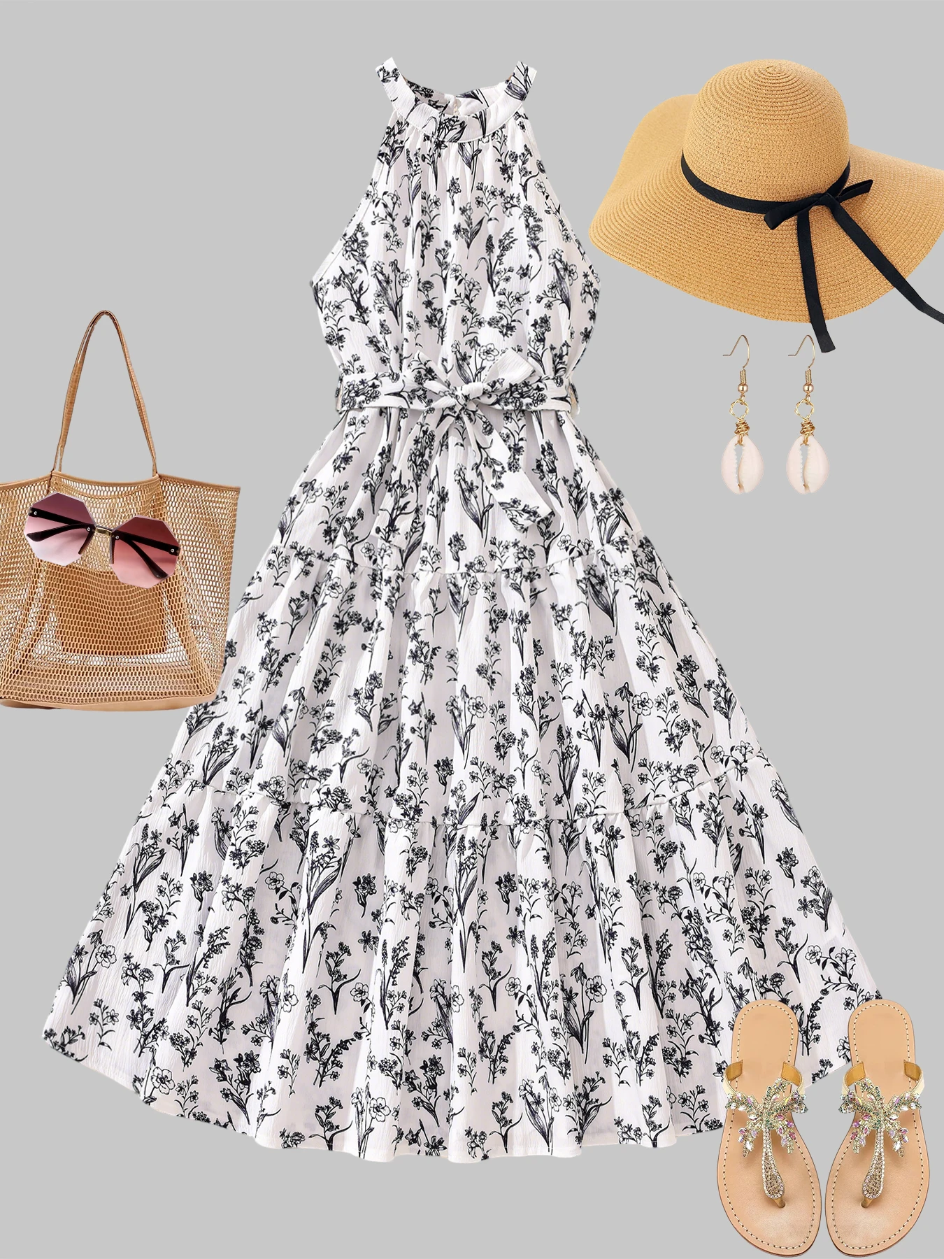 Modisches Neckholder-Kleid mit Blumenmuster für Teenager-Mädchen für Frühling und Sommer, mit Taillengürtel, lebendige Sommer-Atmosphäre