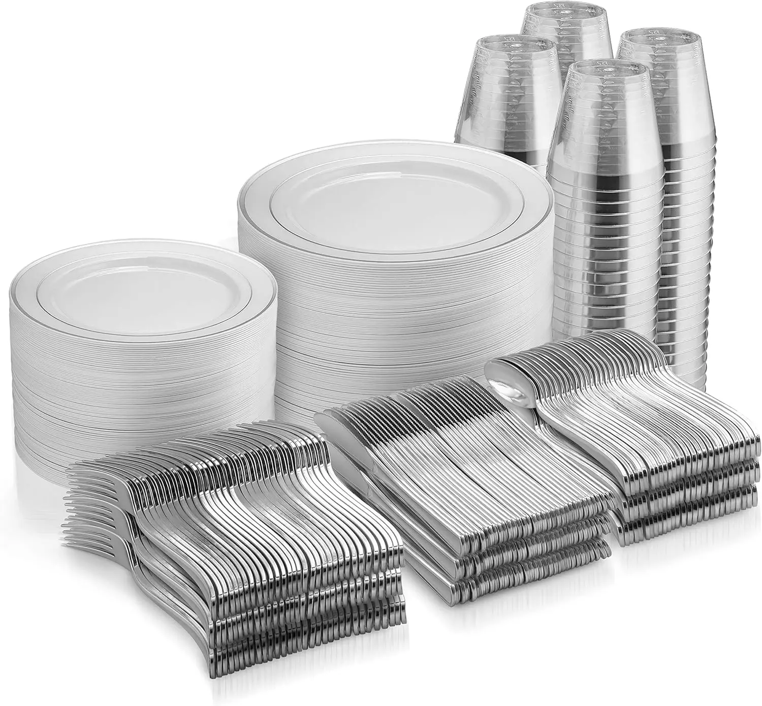 600 Piece  Dinnerware Set100 Silver Rim 10 inch Plastic Plates 100 Silver Rim 7 Inch Plates -300 Silver Plastic Silverware