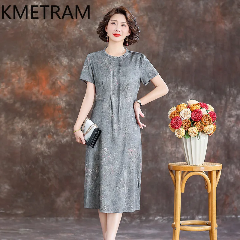 KMETRAM 90% Mulberry Silk Middle-aged Dresses for Women 2026 Summer Elegant Accordion Pleated Mid-length A-line Dress Ropa Mujer