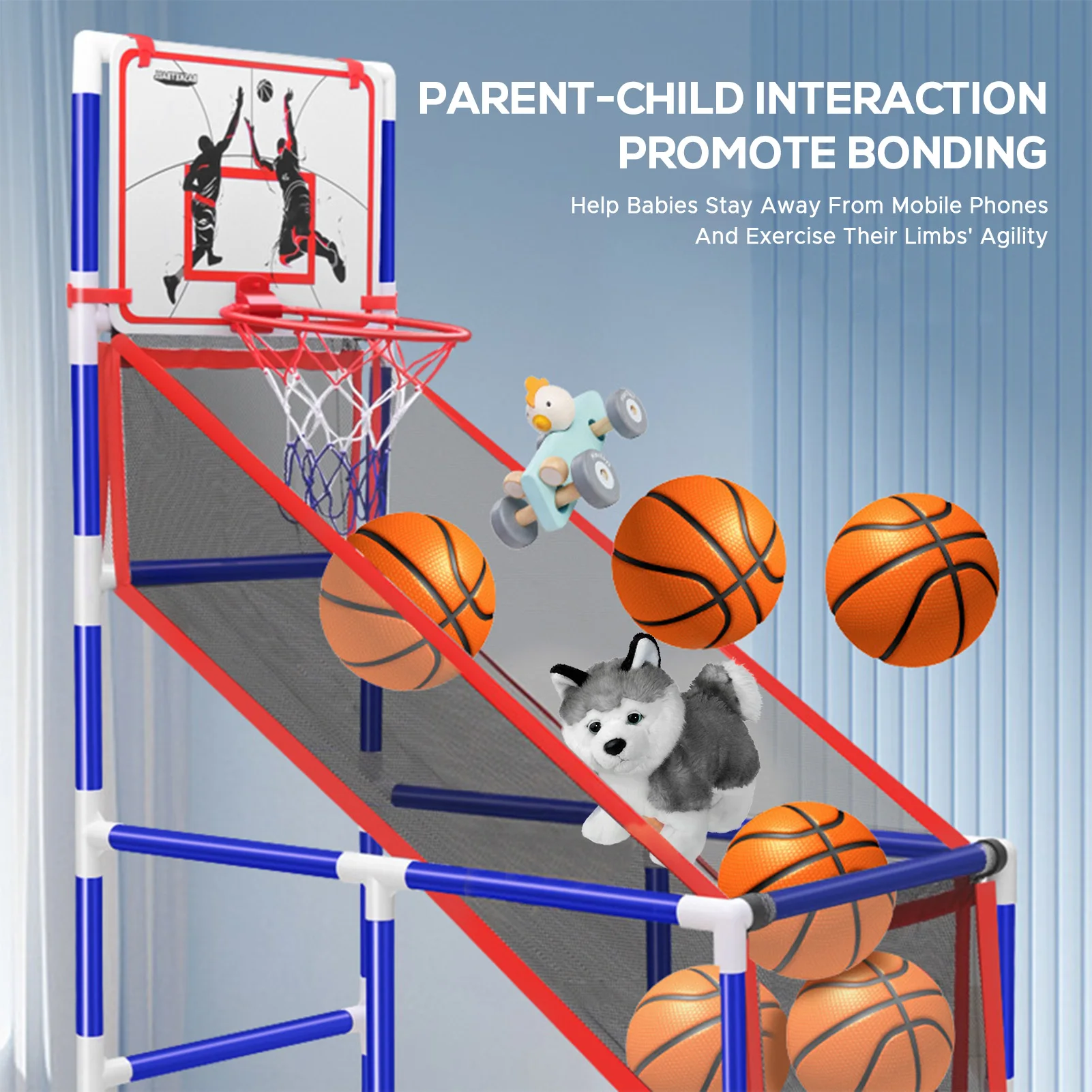 Conjunto de jogo de basquete infantil, cesta de basquete para ambientes internos e externos com 4 bolas, ajuste de altura de 88cm a 140cm, treinamento de basquete