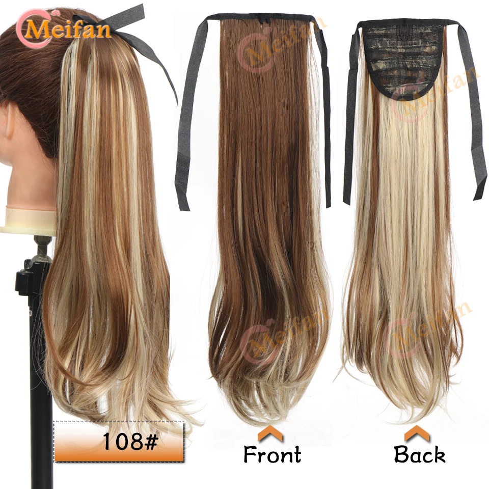 MEIFAN Synthetic Long Straight Ribbon Wrap Pontail Extension for Women Natural Fake Pigtail Hairpiece Clip In Hairtail Extension