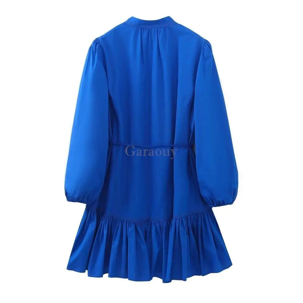 Garaouy 2023 Summer Women\'s Casual Versatility Shirt Dress Female Single Breasted Belt Mini Dresses Blue Loose Sundress Vestidos