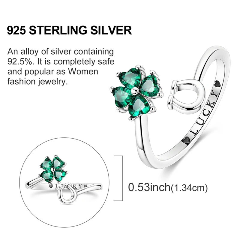 Women's 925 Sterling Silver Green Zircon Clover Open Ring