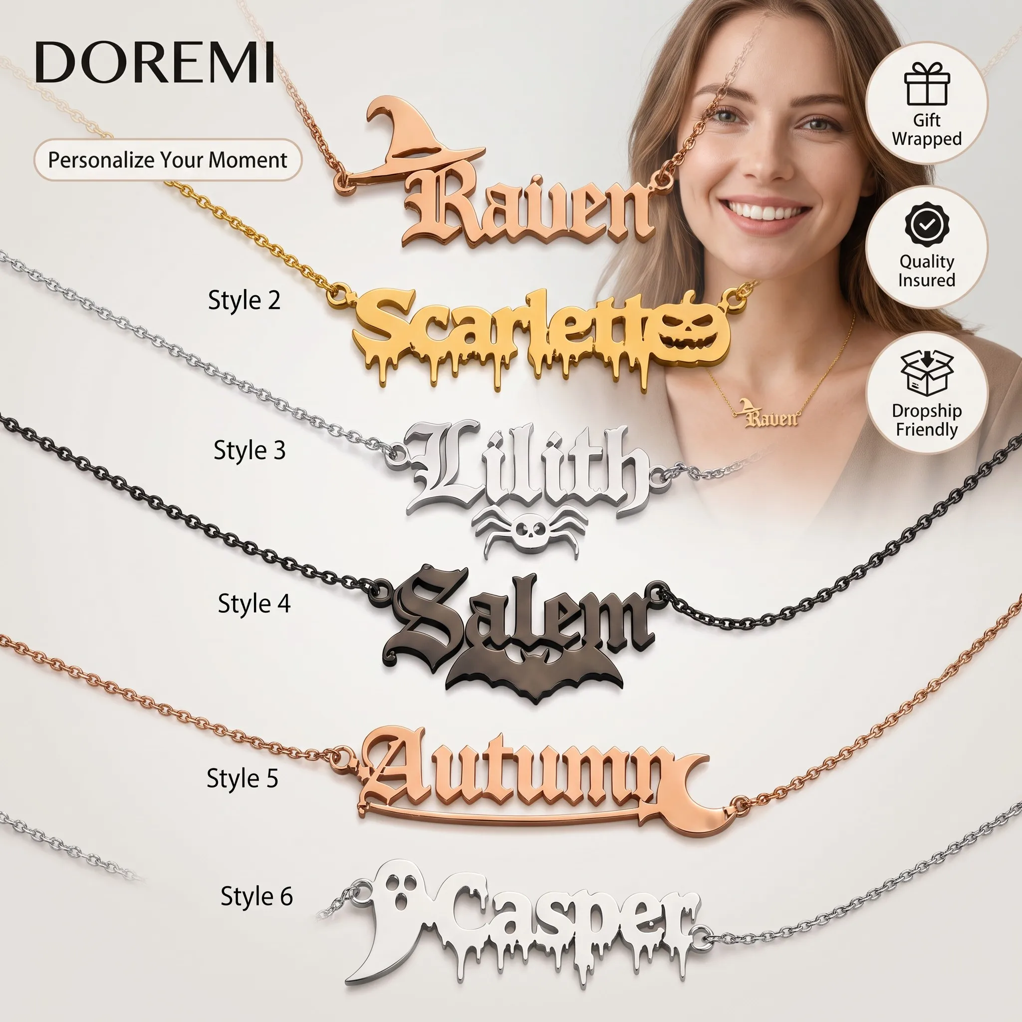 DOREMI Waterproof Tarnish Free Halloween Name Necklace Custom Gothic Old English Spooky Bat Pumpkin Ghost Jewelry Gift Necklace
