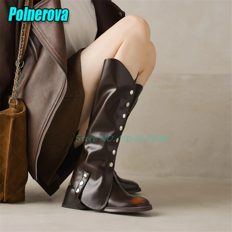 Retro Genuine Leather Two-Piece Pants Long Boots Fashion Square Toe Thick Heel Zipper Knee High Boots Autumn Winter Women Shoes