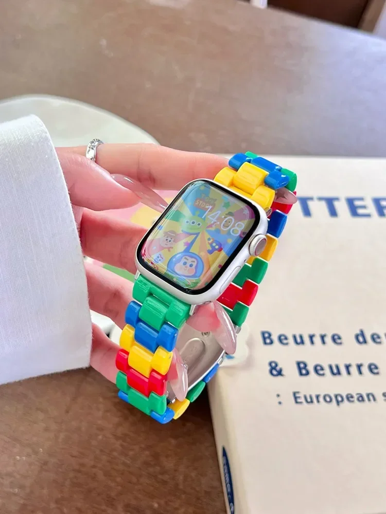 น่ารักสายรุ้งพลาสติกสําหรับ Apple Watch Band 41/45 40/44 46 มม.ที่มีสีสันสร้อยข้อมือสําหรับ iWatch10 49 ultra 9 8 7SE 6 5 4 38/42
