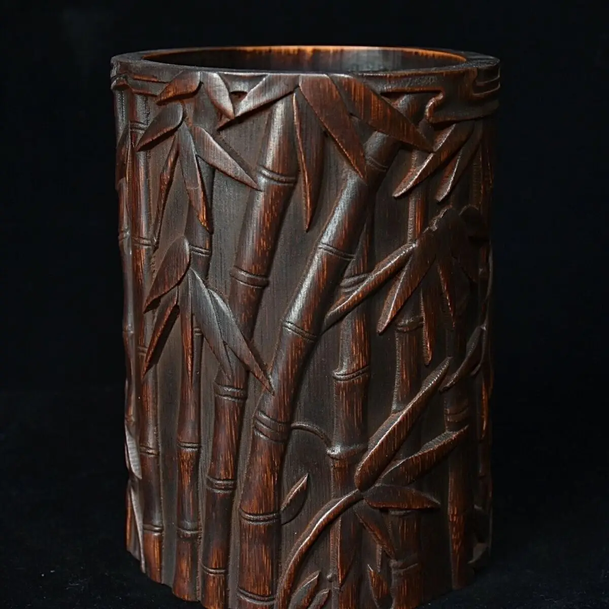 Chinese Wood Brush Pot Old Bamboo Carved Bamboo Tree Pen Holder Collection