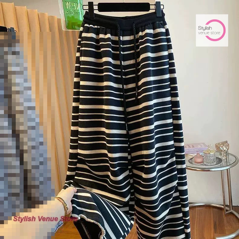 

Japanese style striped pants women's autumn and winter new lazy wind wide-leg pants loose high waist straight casual pants