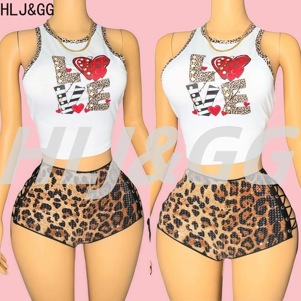 

HLJ&GG Y2K Fashion LOVE Pattern Printing Bodycon 2 Piece Sets Woman Sleeveless Backless Crop Top and Sequin Shorts Outfit 2025