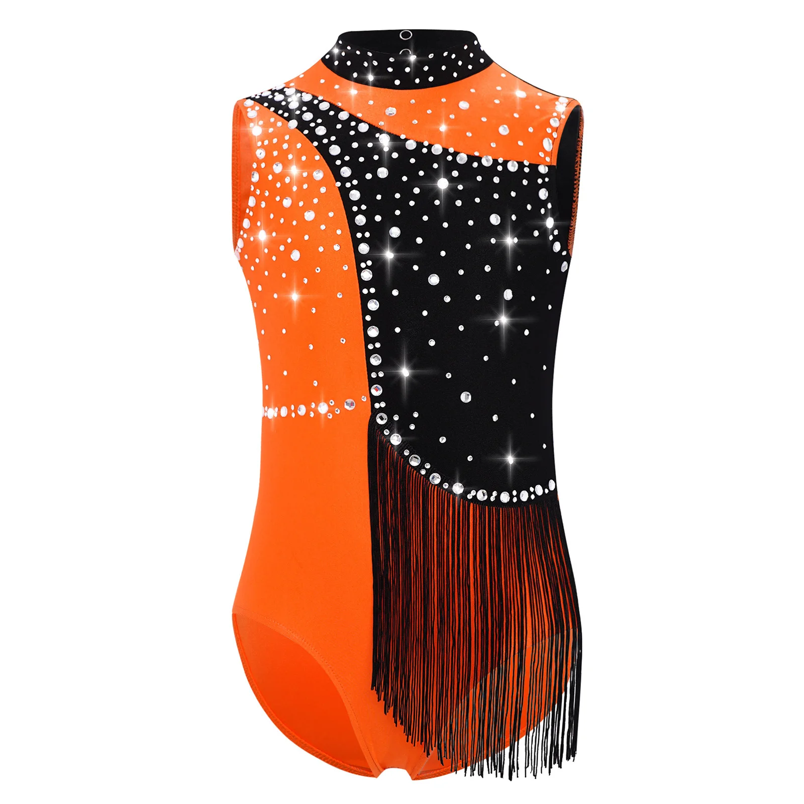 

Kids Girls Dance Gymnastics Leotard Sleeveless Keyhole Back Jumpsuit Shiny Rhinestones Tassels Bodysuit Figure Skating Costume