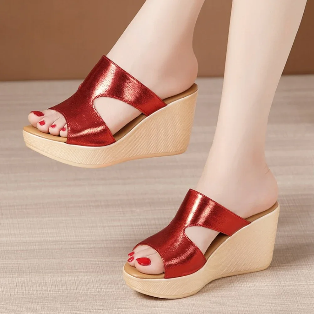 

2024 Summer Women Wedges Slippers Platform Shoes for Women High Heels Leather Slides Woman Sandals Ladies Shoes Zapatos De Mujer