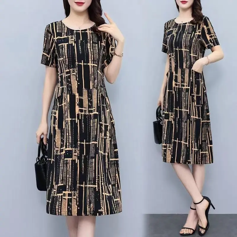 Vintage Fashion Printed Midi Dress Summer Casual Round Neck Female Clothing A-Line Waist Commute Short Sleeve Pockets Dresses