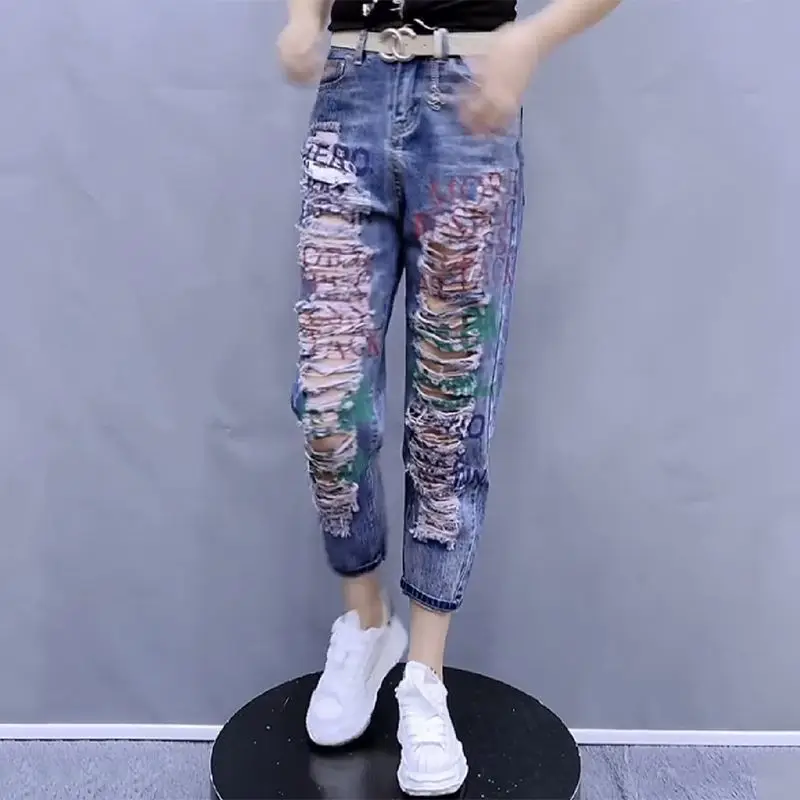 

2023 Summer New Blue Letter Hole Jeans Female Tide Ins High Waist Straight Beggar Daddy Slim Joker Female Jiufen Pants