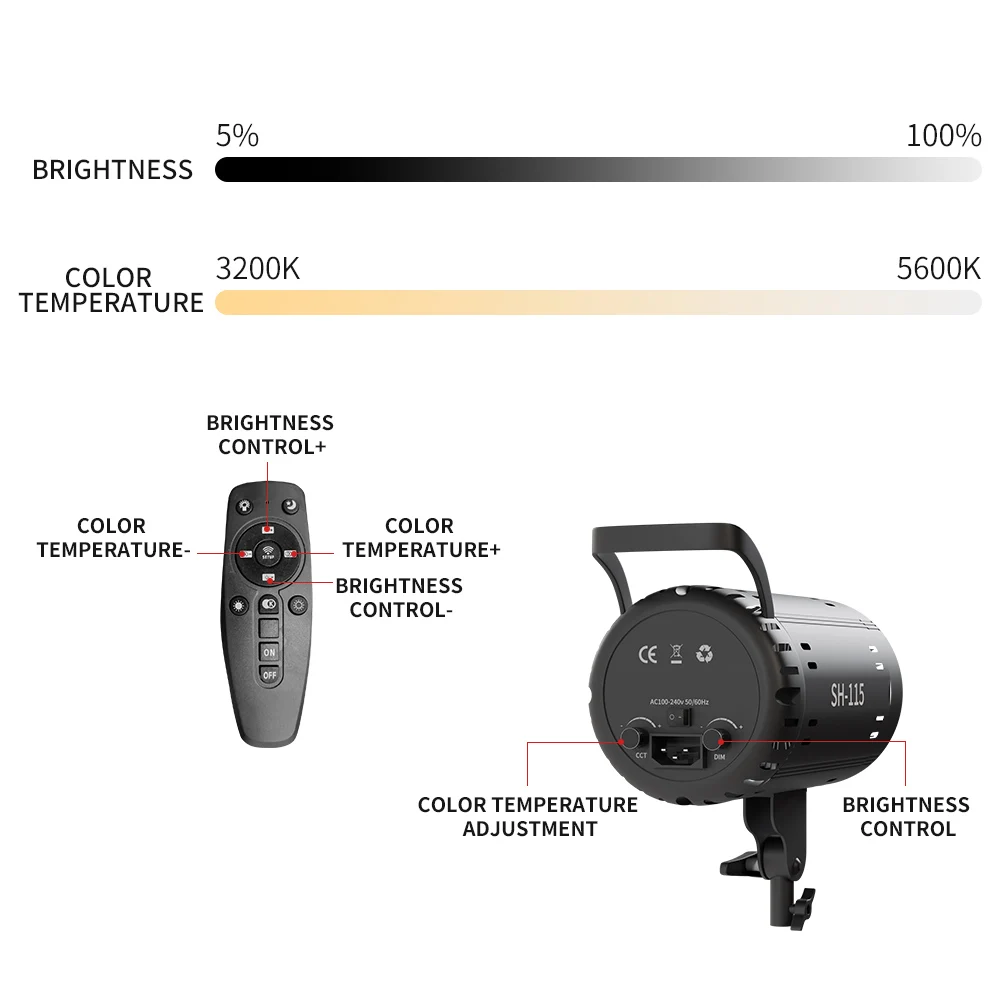 Imagem -04 - Luz de Vídeo Cob Regulável para Fotografia Lâmpada para Estúdio Gravação de Vídeo Retrato Streaming ao Vivo Iluminação Contínua 32005600k 115w